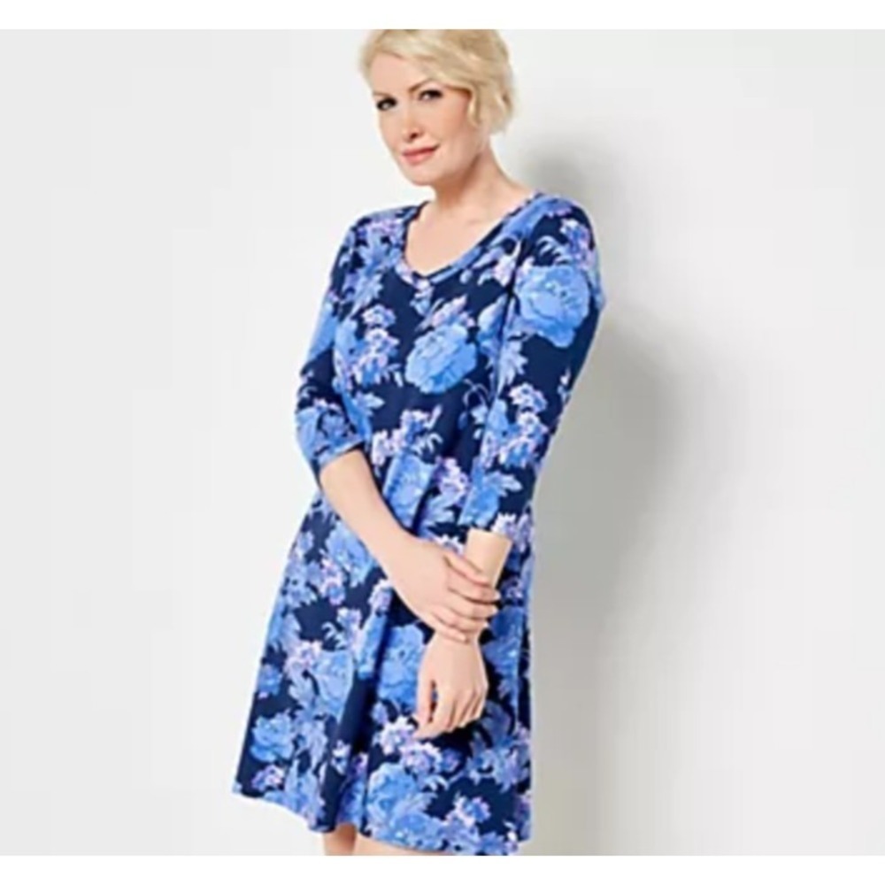 Isaac Mizrahi Blue Floral Cotton V-Neck Swing Dress Women's Petite Small SP Cozy